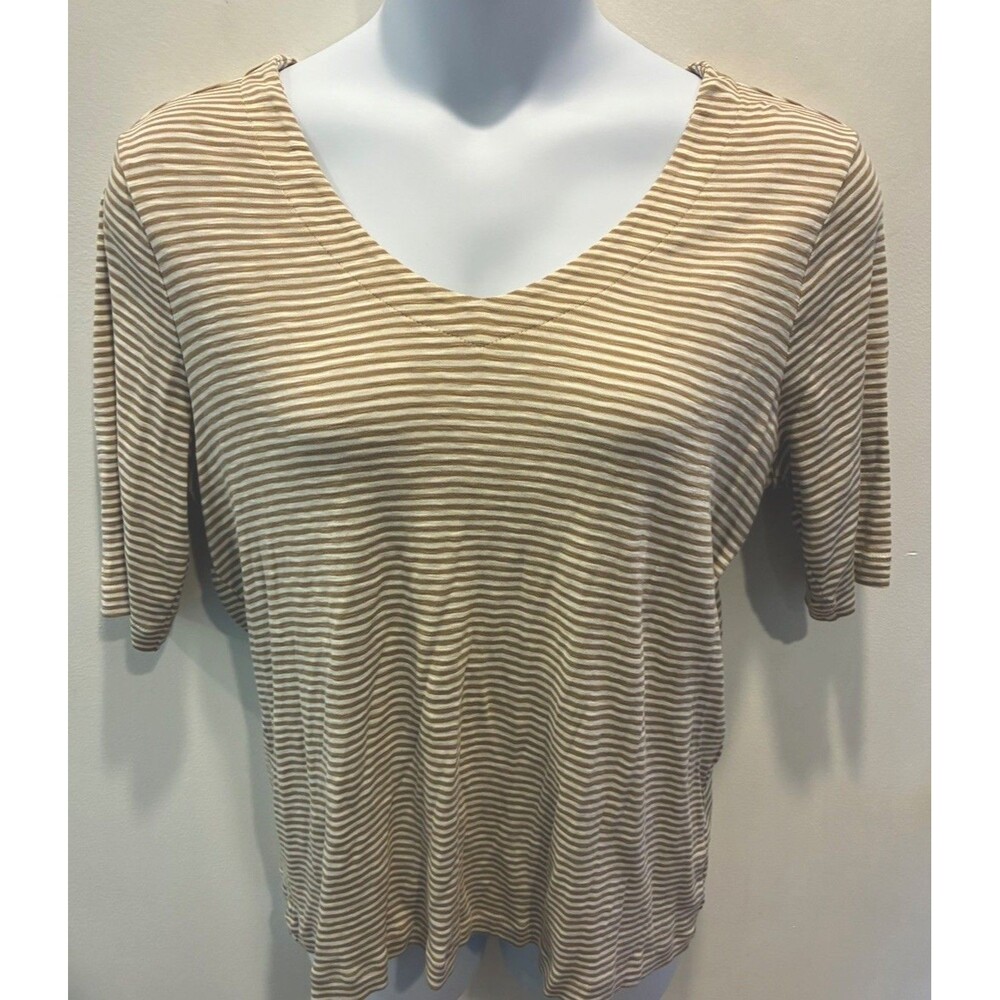 J Jill Pima Slub V Neck Tee Womens XL Tan Ivory Striped 100% Cotton Shirt